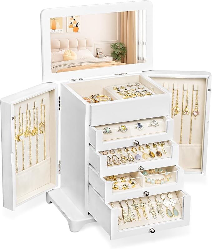 Large Jewelry Box & Organizer for Women, Wooden Jewelry Storage with 4 Transparent Drawers, Holds Necklaces, Rings, Bracelets, Earrings and Watches(White) by Unknown