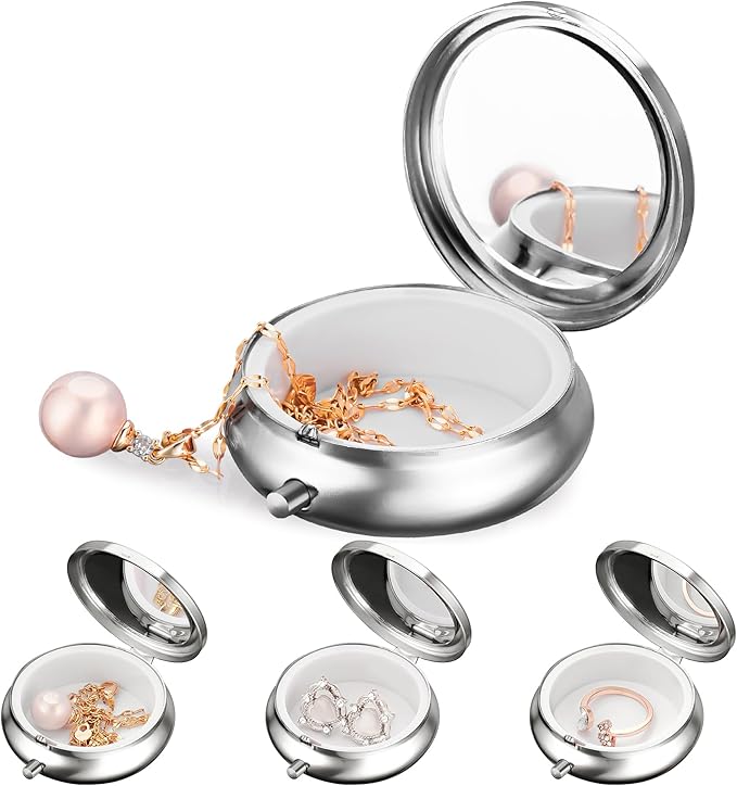 Mini Travel Jewelry Box with Built-In Mirror, Ultra-Portable Jewelry Holder for Rings, Necklaces, Earrings, Pills, Tea Bags, Small Accessories, Press-to-Open Multifunctional Storage (Silver) by Aphlos
