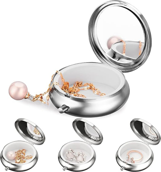 Mini Travel Jewelry Box with Built-In Mirror, Ultra-Portable Jewelry Holder for Rings, Necklaces, Earrings, Pills, Tea Bags, Small Accessories, Press-to-Open Multifunctional Storage (Silver) by Aphlos