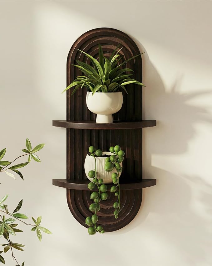 Bamworld Boho Wall Decor Plant Wall Shelf Mid Century Modern Decor Hanging Plant Shelf 2-Tier Wooden Floating Shelves for Home Bathroom Bedroom Living Room Office Holding Planter Decoration Walnut by Bamworld