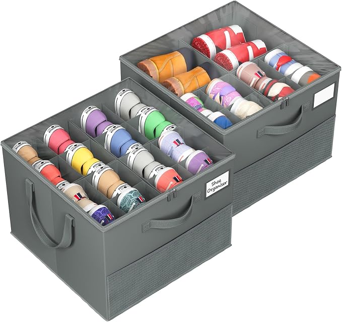 NestOrganix 2 Pack Shoe Organizer for Closet, Large Shoe Box Storage Containers, Foldable Shoe Storage Organizer Box Bin with Adjustable Dividers and Clear Cover, Space Saving Shoes Holder, Gray by Unknown