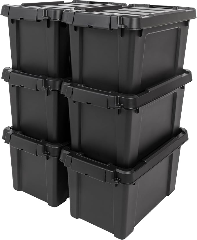 IRIS USA 5 Gallon Lockable Storage Bins with Lids, 6 Pack - Made in USA, Heavy Duty, Stackable Containers, Garage Organizing Bins Moving Tubs, Rugged Sturdy Equipment Utility Box - Black by IRISUSA