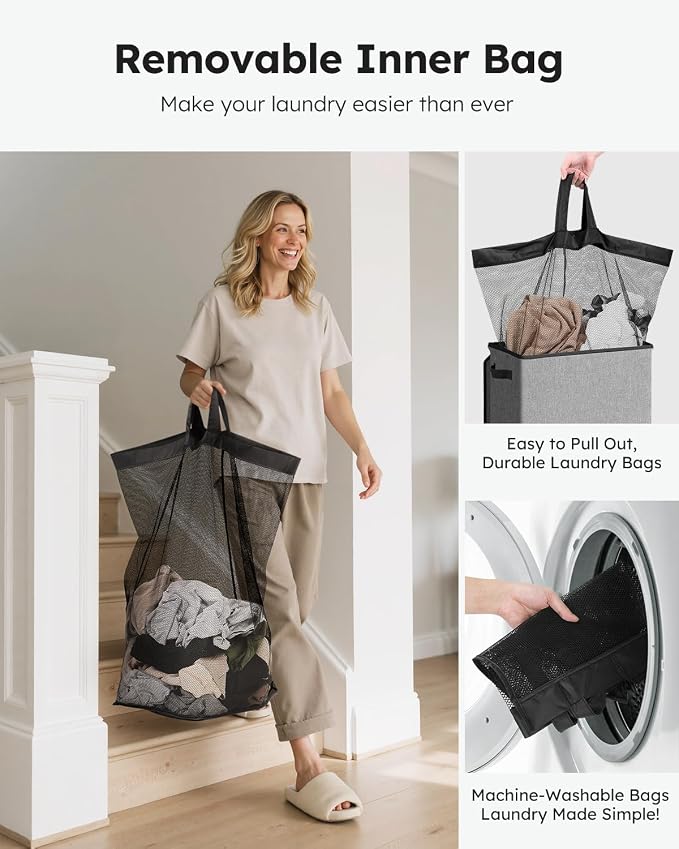 SOLEDI Laundry Hamper with Lid 90L Large & Tall Collapsible Laundry Basket, Clothes Hamper with Bag Removable Easy to Carry, Dirty Hampers for Bedroom, Bathroom, Dorm, College, Grey - Image 5