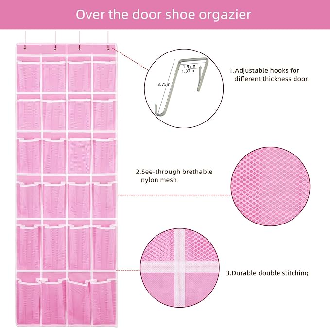 SAVERHO Hanging Shoe Organizer, Over The Door Shoe Organizer with 24 Breathable Mesh Pockets for Men Women Kids Hanging Shoe Storage Rack Organizer Size:58x21 Inch（Pink） - Image 4