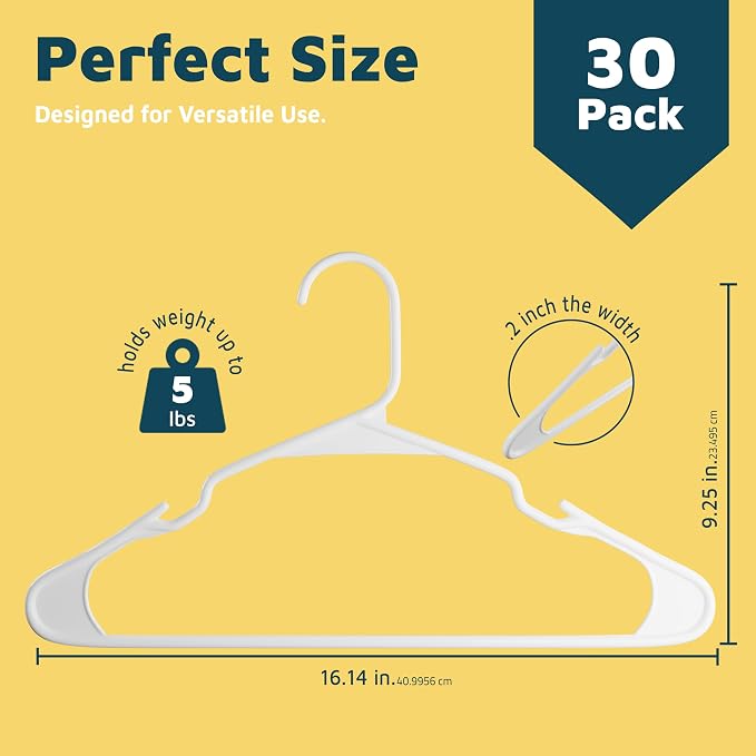Lifemaster Plastic Clothes Hanger Set - 30 Pieces Versatile, Lightweight, Space-Saving, Non-Slip, Slim Designed, Dry and Wet Clothes Hanger Set - White - Image 2