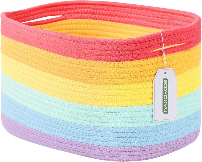 ECDYQXVU Cotton Rope Storage Basket, 15x10x9 Inches, Woven Basket for Shelves, Clothes, Towels, Books, and Laundry, Rainbow (1 Pack) by ECDYQXVU