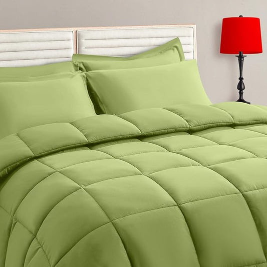 TAIMIT Sage Green Twin Size Comforter Set - 5 Pieces, Bed in a Bag Bedding Sets with All Season Soft Quilted Warm Fluffy Reversible Comforter,Flat Sheet,Fitted Sheet,1 Pillow Shams,1 Pillowcases