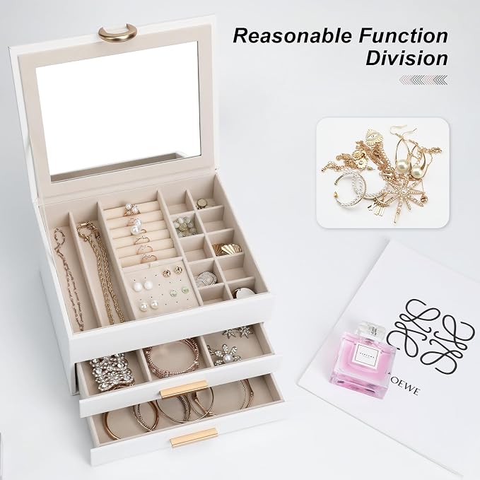 Jewelry Storage Box for 150+ Items - Features a Mirror, Smooth Gliding Drawers, and Non-Slip Earring Pads for Maximum Organization White - Image 5