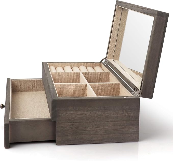Meangood Jewelry Box Organizer for Women, 2 Layer Large Jewelry Storage Case, Rustic Wooden Jewelry Box with Mirror & Ring Tray for Necklace Earring Bracelets Rings, Vintage Style (Weathered Grey) - Image 6