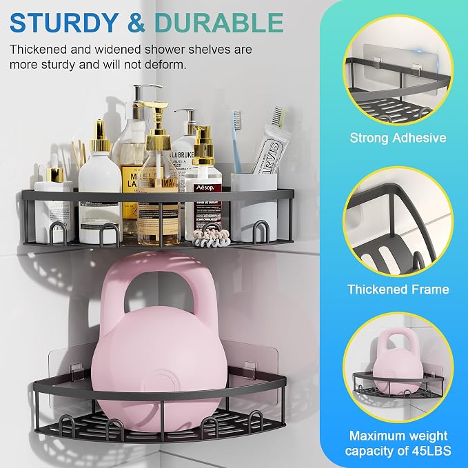 Corner Shower Caddy, 2 Pack Adhesive Bathroom Shower Corner Organizer Shelf, No Drilling Rustproof Wall Mounted Shower Storage Rack Shampoo Holder Organizer (Black) - Image 6