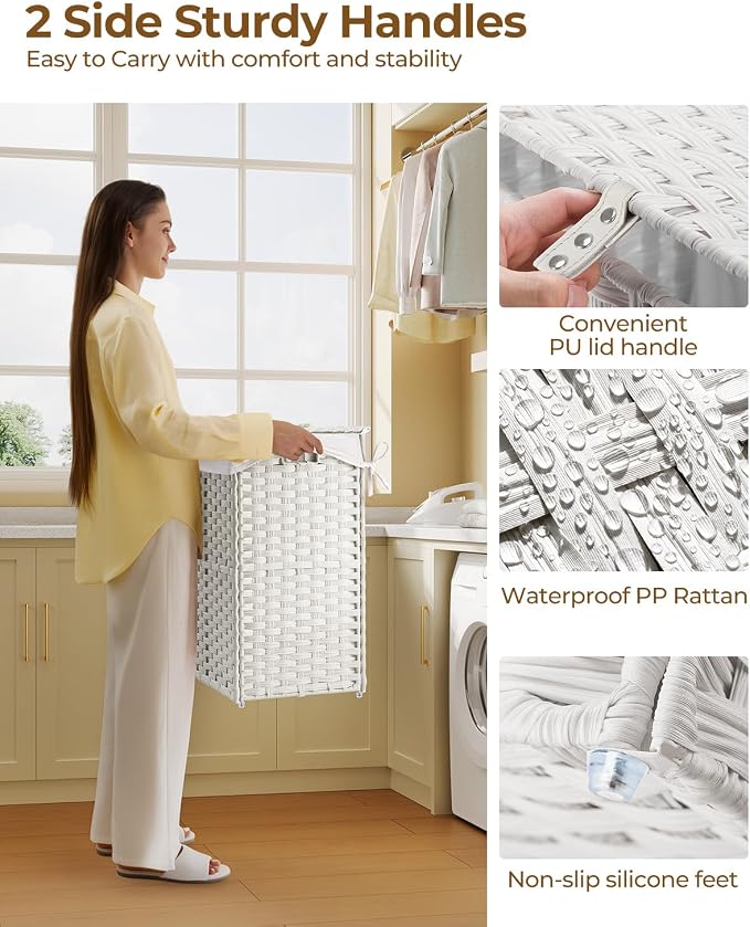Greenstell Laundry Hamper with Lid, 125L Laundry Basket with 2 Removable Liner Bags & 2 Mesh Bags, Handwoven Synthetic Rattan Clothes Hamper for Clothes, Toys in Bathroom, Bedroom, Foldable, White - Image 3