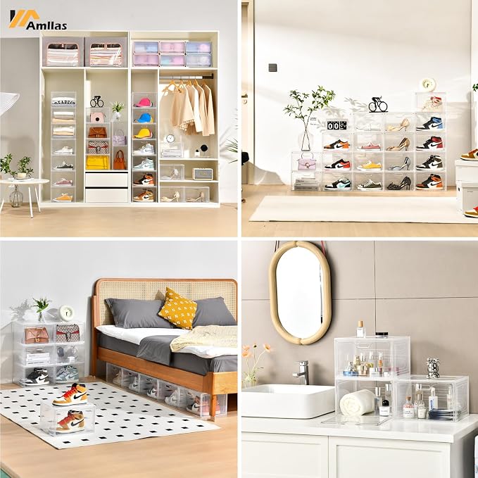 Amllas 8 Pack Shoe Boxes Clear Plastic Stackable, Large Shoe Storage Organizer with Lids,Drop Side Shoe Containers for Entryway,Sneaker Storage Fit up to US Size 13 (13’’x 10.6”x 8.3”) - Image 6