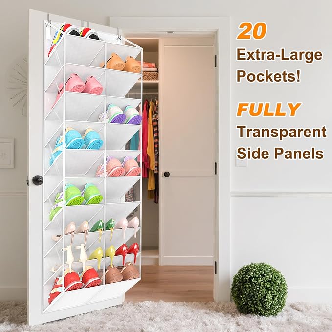 UVIAHOMI 20-30 Pairs Over the Door Shoe Organizer, Clear Pockets Hanging Shoe Storage for Closet, 10-Tier Door Shoes Rack, Handing Shoes Holder Fit All the Family's Sneakers, Boots, Heels, White - Image 3