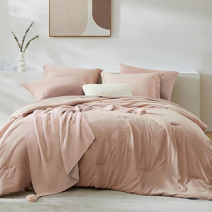 WRENSONGE King Comforter Set, 7 Pieces Clay Pink Soft Bed in a Bag King with Fitted Sheet, Flat Sheet, 2 Pillow Shams, and 2 Pillowcases- Warm Bedding Set for All Season