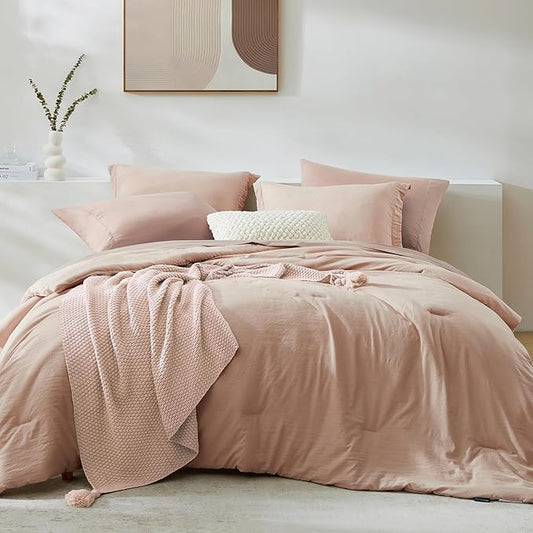 WRENSONGE King Comforter Set, 7 Pieces Clay Pink Soft Bed in a Bag King with Fitted Sheet, Flat Sheet, 2 Pillow Shams, and 2 Pillowcases- Warm Bedding Set for All Season