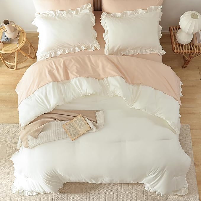 JANZAA Queen Comforter Set Creamy White Ruffle Comforter with 2 Pillowcase Soft Queen Size Bed Set Vintage Farmhouse Bed Comforter Set Fluffy Shabby Chic Bedding for All Season