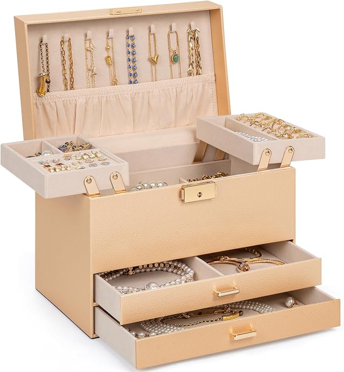 AKOZLIN Travel Jewelry Box Organizer Functional 2-trays Leather Jewelry Storage Case with Lockable Portable 2 Drawers for Women Girls Ring Necklace Earring Bracelet by AKOZLIN