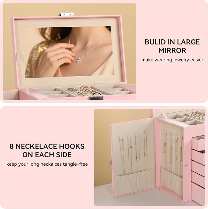 Frebeauty Large Jewelry Box,6-Tier PU Leather Jewelry Organizer,Multi-functional Storage Case with Mirror,Accessories Holder with 5 Drawers for Necklace Bracelets Watches(Pink) - Image 5