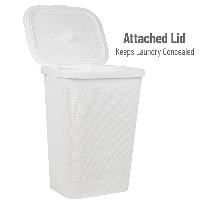 Mind Reader 60L Slim Laundry Hamper, Clothes Basket, Lid, Linen Design, Plastic, White - Image 5