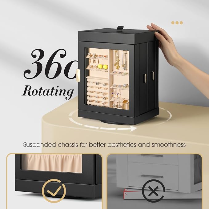 TidyStash 360° Rotating Jewelry Organizers and Storage, Large Jewelry Boxes for Women Necklace, Ring Earring Storage, Vertical Accessory Organizers and Storage, Black - Image 3