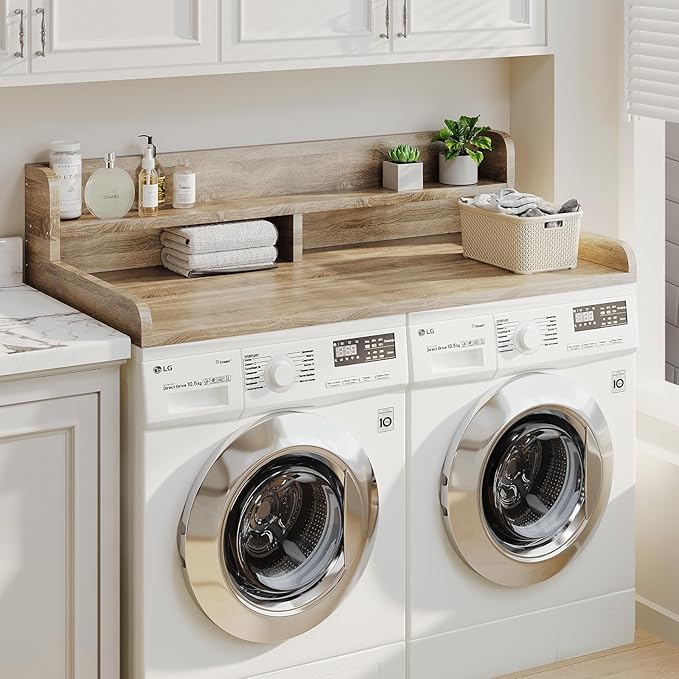 2-Tier Washer Dryer Countertop with 2.75" H Edge Rails, 54" W x 27.55" D Laundry Countertop for Folding Clothes, Washer and Dryer Topper with Non-Slip Pad (White Oak) - Image 6
