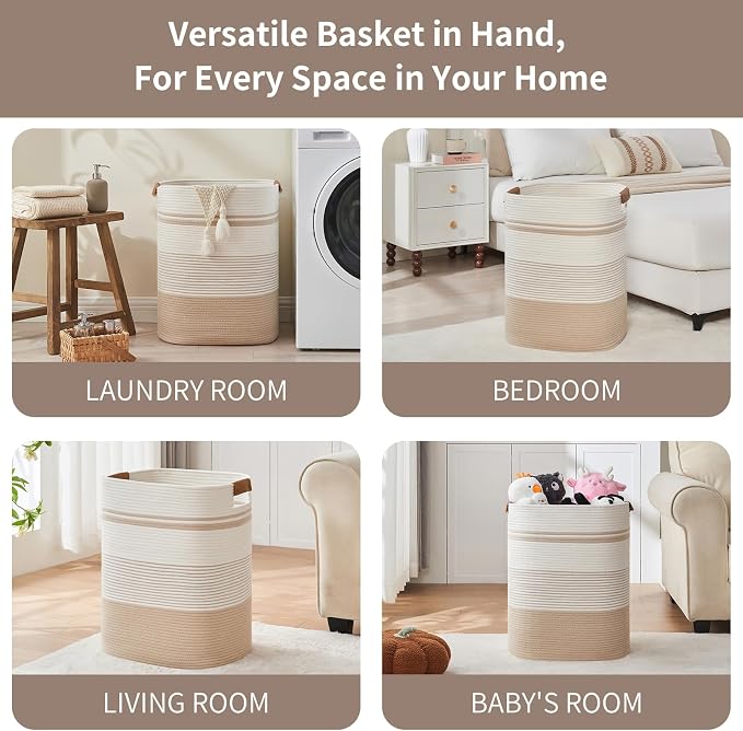 AINUOQI Laundry Basket with Handles - Blanket Basket & Hampers for Bedroom Aesthetic, Laundry Hamper & Blanket Storage for Living Room, Clothes Hamper, Tall, Large 17" x 14" x 22”, Off-white - Image 3