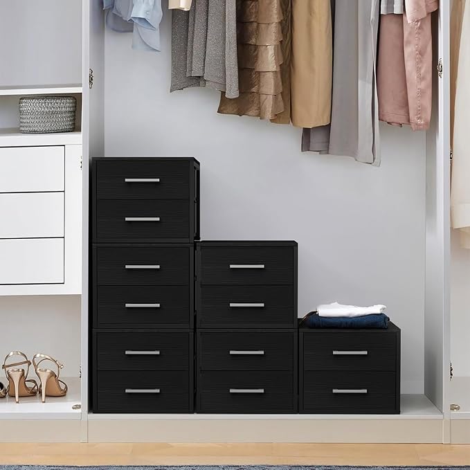 BOLUO Stackable Storage Drawers Narrow Closet Organizers and Storage Fabric Black 2 Drawer Dresser for Bedroom 2 Packs Modern - Image 2