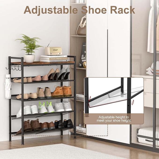 Refrze Shoe Rack for Front Door Entrance, 5 Tier Height-Adjustable Metal Shoe Rack, Sturdy Wooden Top and Tiltable Steel Frame Heavy Duty Shoe Organizer for Bathroom,Bedroom,Kitchen，Include Hook - Image 3
