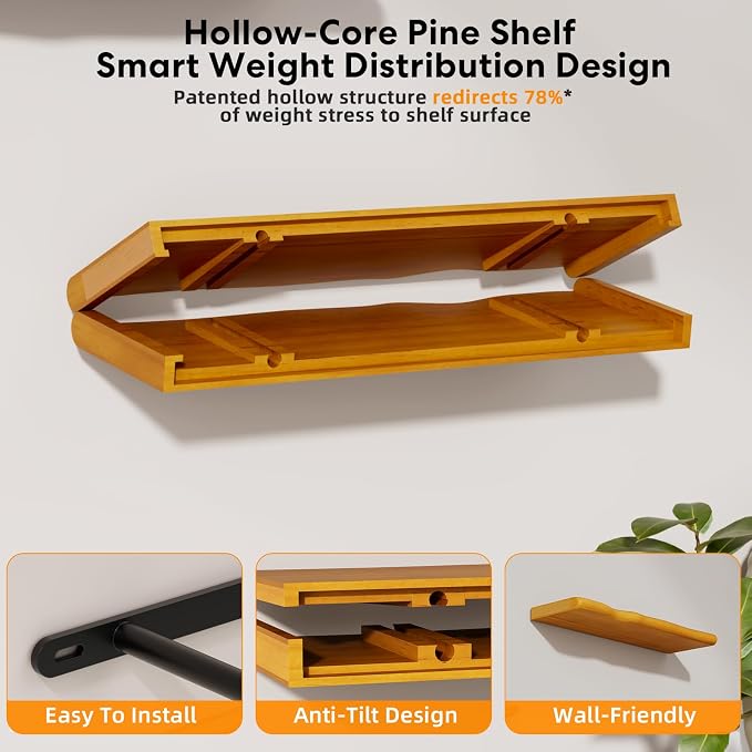 Floating Shelves for Wall Rustic Farmhouse 24 Inch Floating Shelf Wooden Shelves for Wall Mounted Live Edge Pine Shelf with Unique Natural Grain for Living Room Bedroom Kitchen (Honey Walnut) - Image 8