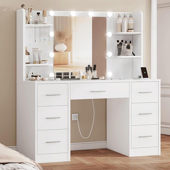 FIONESO Vanity Desk with LED Light Mirror & Power Outlet, 3 Adjustable Light Color, Makeup Vanity with 7 Drawers, 4 Shelves, 5 Jewel Hooks, White Vanity for Bedroom, Girls Vanity