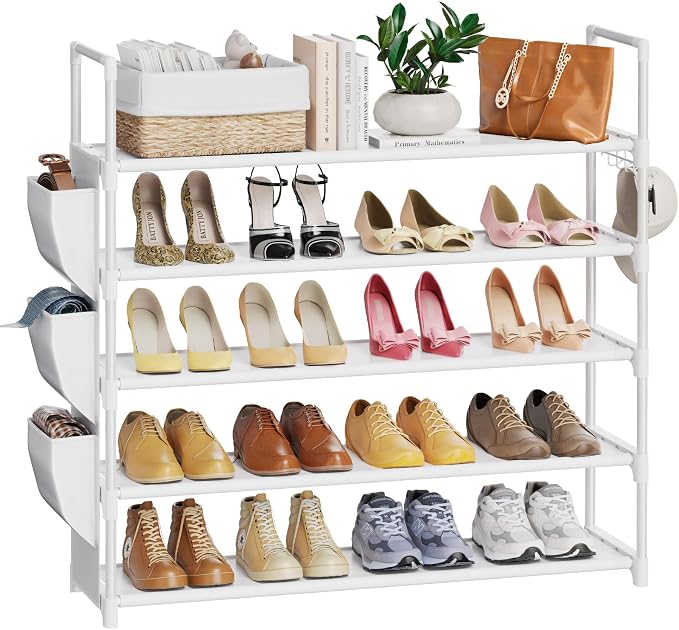 VILICK Shoe Rack for Closet Shoe Organizer Space Saver Storage for 20-25 Pair Shoe Shelf with Hook and Side Pocket Free Standing 5 Tier Shoe Rack Organizer for Entryway,Small Spaces, White by VILICK