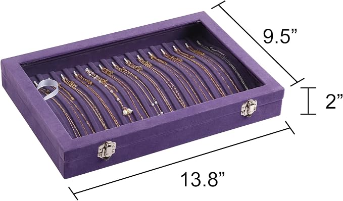 Frebeauty 15 Hooks Necklace Tray Velvet Neckalce Organizer with Clear Lid Lockable Necklace Holder Box Jewelry Organizer for Pendants Chains Necklace Jeweley Tray for Women (Purple) - Image 2