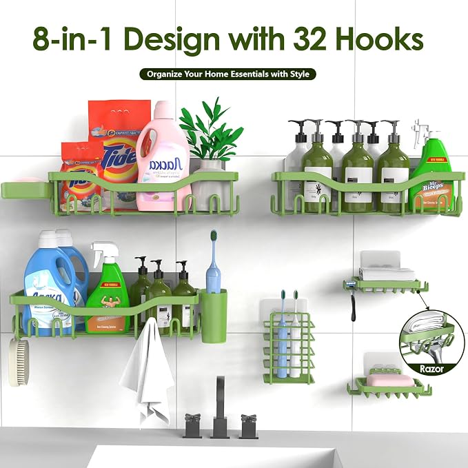 NESOMI Shower Caddy Adhesive Shower Organizer 8-Pack, Rustproof Stainless Steel Bathroom Shelves, Large Capacity No-Drill Rack Storage Accessories with Soap Dish Toothbrush Holder Hooks - Image 7