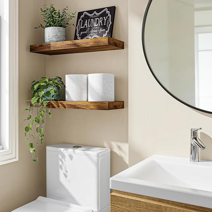Fixwal Floating Shelves for Wall, 15.7" Wood Wall Mounted Shelves for Living Room, Bedroom, Bathroom and Kitchen, for Storage, Books, Room Decor (Rustic Brown, Set of 2) - Image 2