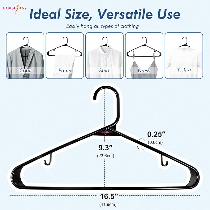 HOUSE DAY Plastic Hangers 20 Pack, Space Saving Clothes Hangers with Built-in Hooks, Durable & Strong Closet Organizers and Storage, Dorm Room Essential, Perfect for Shirts, Coat, Pants, Dress - Black - Image 3