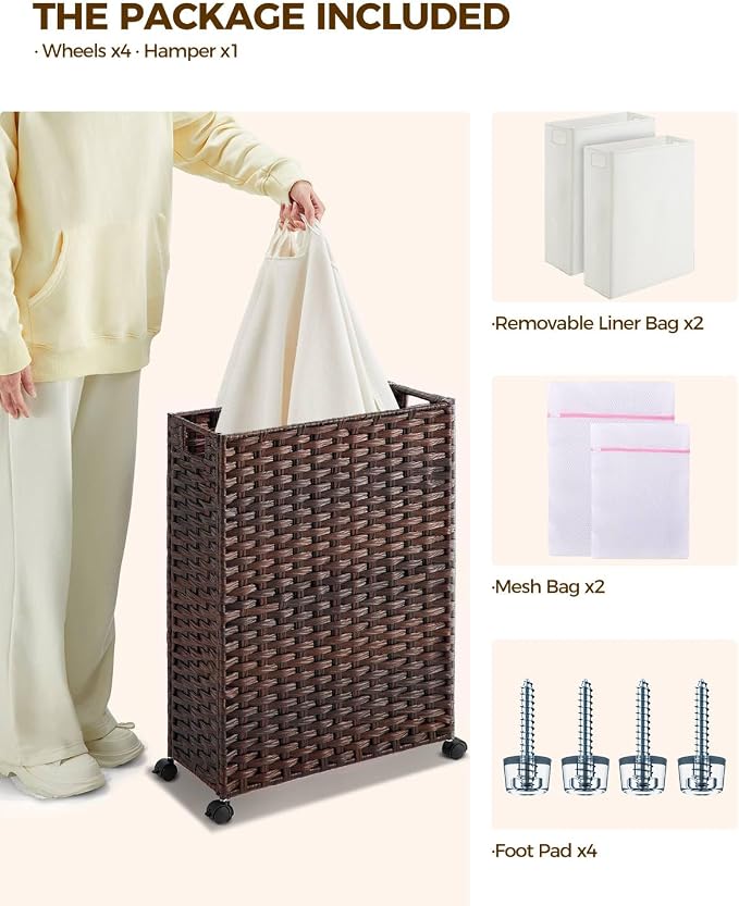 Greenstell Laundry Hamper with Wheels, 17.4 Gallon (66L) Slim Laundry Basket with 2 Removable Liner Bags & 2 Mesh Bags, Narrow Rattan Clothes Hamper for Bedroom, Laundry Room, Bathroom, Brown - Image 3