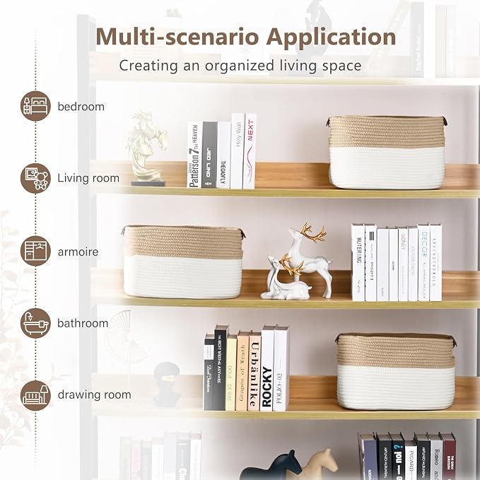 ECDYQXVU Cotton Rope Storage Baskets,15x10x9 in,Foldable Storage Bins, Decorative Woven Basket Cube Storage Organizer for Laundry, Towel, Clothes (White/Beige-3Pack, 15x10x9 inches) - Image 5