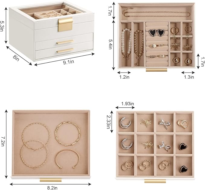 Somduy Jewelry Box Organizer for Women,3 Layers Jewelry Storage Display Box with Glass Lid,Gift for Christmas,3 Drawers,Large Capacity for Necklace Earrings Bracelets Rings,White - Image 6