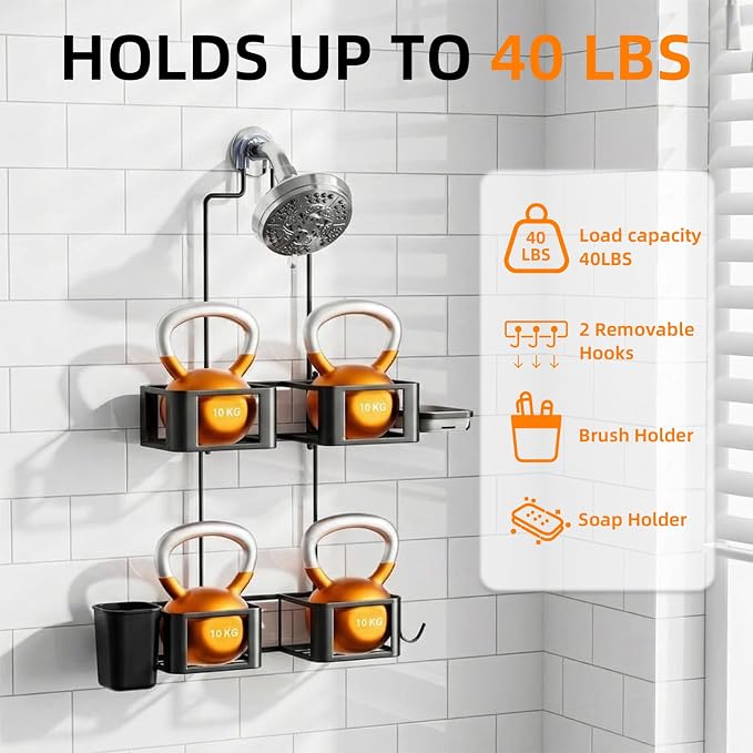 Epicano Hanging Shower Caddy for Handheld Showerheads, Anti-Swing Overhead ShowerCaddy with Removable Hooks & Holders for Razor, Sponge, Soap & Toothbrush, Stainless Steel, Black - Image 4