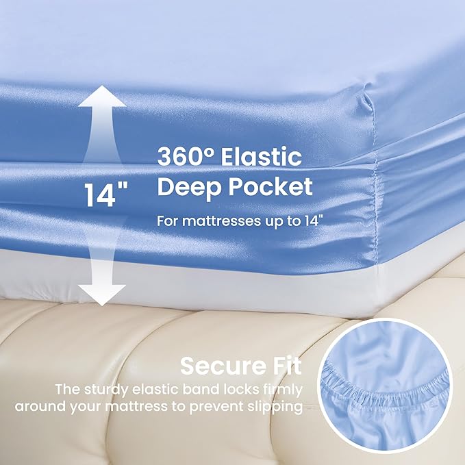 Love's cabin Twin XL Satin Sheet Sets - 3 Piece Sky Blue Silky Bed Sheets with Deep Pockets, Luxury Silk Feel Satin Sheet Set Twin XL (1 Flat Sheet,1 Fitted Sheet,1 Pillow case)
