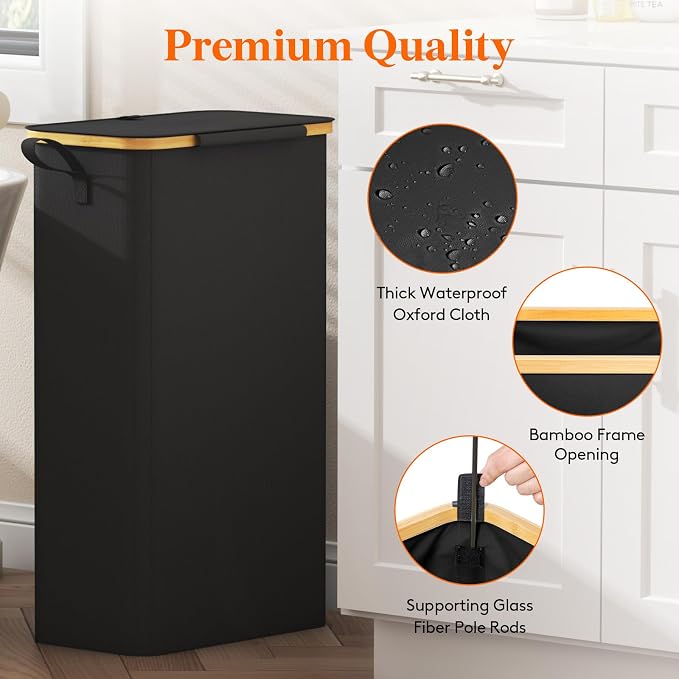 Lifewit 75L Slim Laundry Hamper with Lid, Narrow Laundry Basket with Removable Bag & Bamboo Handles, Fodable Thin Dirty Clothes Hamper for Laundry Collapsible Bin for Bathroom Bedroom Dorm, Black - Image 7