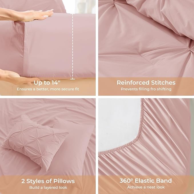 Sasttie Twin XL Comforter Set, 5-Piece Bed in a Bag, Pintuck Bedding Sets for All Season, Includes Comforter, Flat Sheet, Fitted Sheet, Pillowcase and Pillowsham, Rose Gold