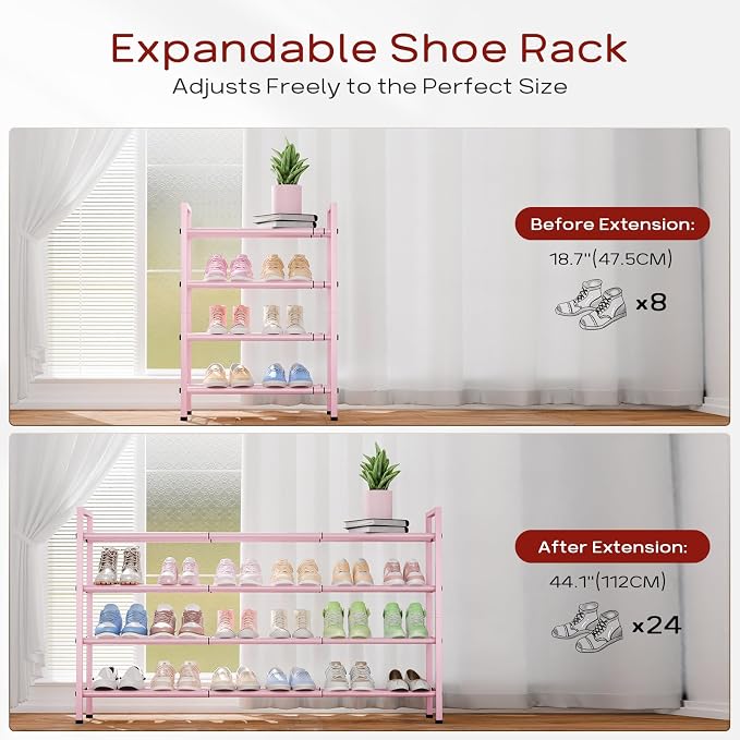 Bumusty 4-Tier Long Expandable Shoe Rack for Closet, 18"-44" Adjustable Shoe Rack for Entryway, 20-24Pairs Large Shoe Organizer Shelf Storage, Sturdy Metal, Black - Image 5