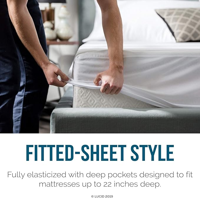 LUCID Premium Waterproof Mattress Protector, King Size – Fitted Sheet Style, Machine Washable – Cotton Terry Top Cover – Dorm Room Essential – White
