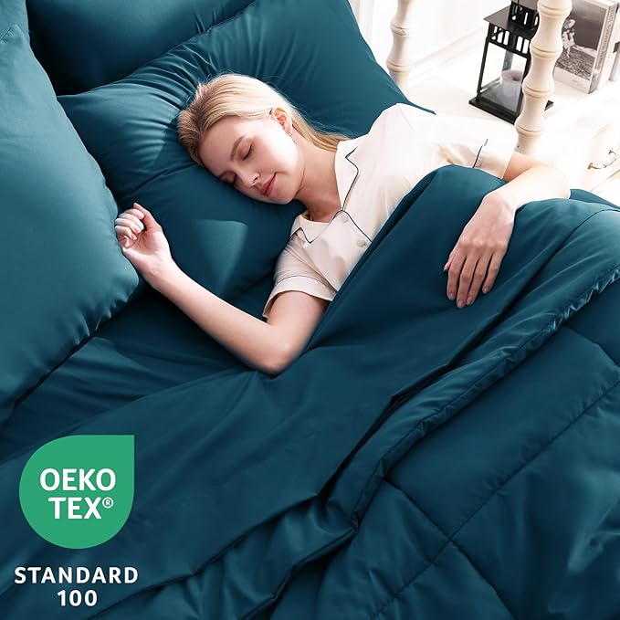 CozyLux Queen Comforter Set Lyons Blue, 7 Pieces Bed in a Bag, Blue Comforters Queen Size, All Season Bedding Sets with Stitch Quilted Comforter, Flat Sheet, Fitted Sheet, Pillowcases