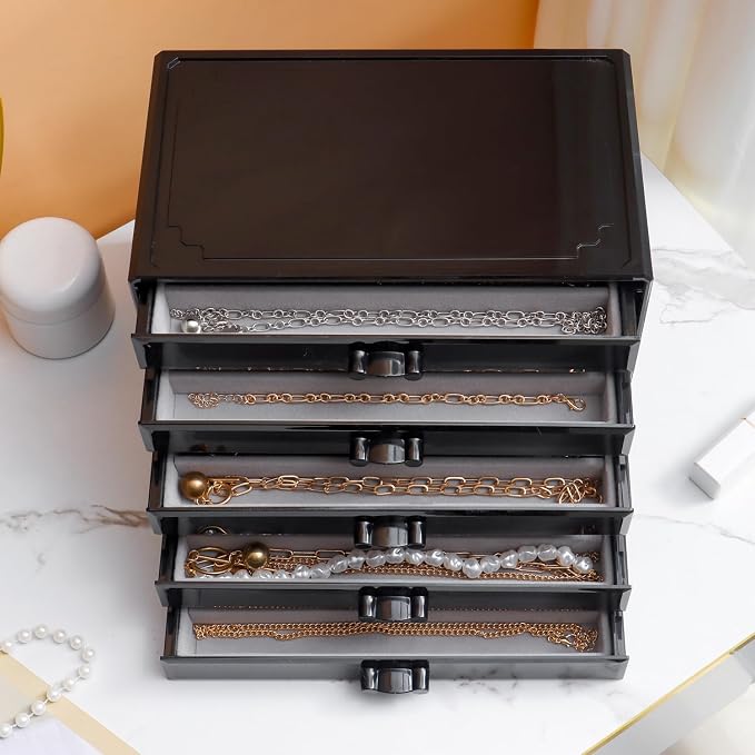 YUFONG Necklace Holder Organizer, Dustproof Necklace Box Velvet Necklace Organizer Box with Lid Clear Acrylic Dustproof Stackable Jewelry Displays for Necklaces Chain Display (Black Gray, 5 Drawer) - Image 4