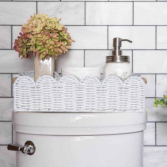 CubesLand Scalloped Edge Toilet Paper Storage Basket, Living Room Home Cozy Decor Basket, Paper Rope Small Baskets for Over Toilet Storage Shelf, End Table, Shelves, with 2 Wooden Handles, White - Image 4