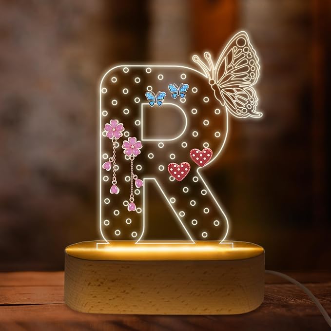 COSHAYSOO Earring Holder Organizer for Women Teen Girls with Butterfly Decorations LED Night Light, Initial Earring Rack Vanity Dresser Dressing Table Bedroom Room Decor Letter R by COSHAYSOO