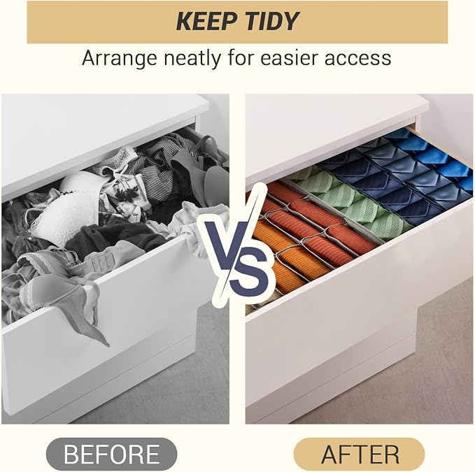PINGMIC Gray Sock Organizer Divider 4 Pack - 24 Cell Foldable Closet Storage, Tie Organizer For Men Boxes for Socks, Ties, Belts - Image 4
