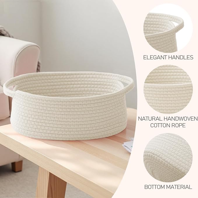 JMvicyroam Woven Basket,Small Rope Storage Bin with Handles & Ribbon Bag, Organizer for Shelves Closets,Gift Basket Empty for Birthday,Books,Dog Toys,White/2 Pack - Image 3